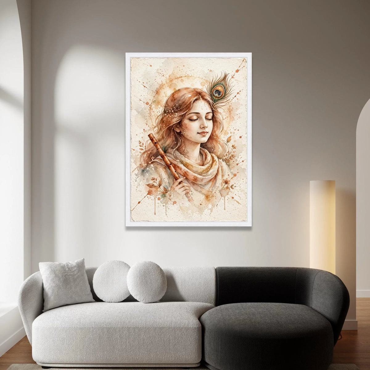Serene Flute Player Canvas Wall Art, Bohemian Woman Portrait, Soft Earth Tone Decor, Musical Instrument Artwork, Peaceful Canvas Print Art