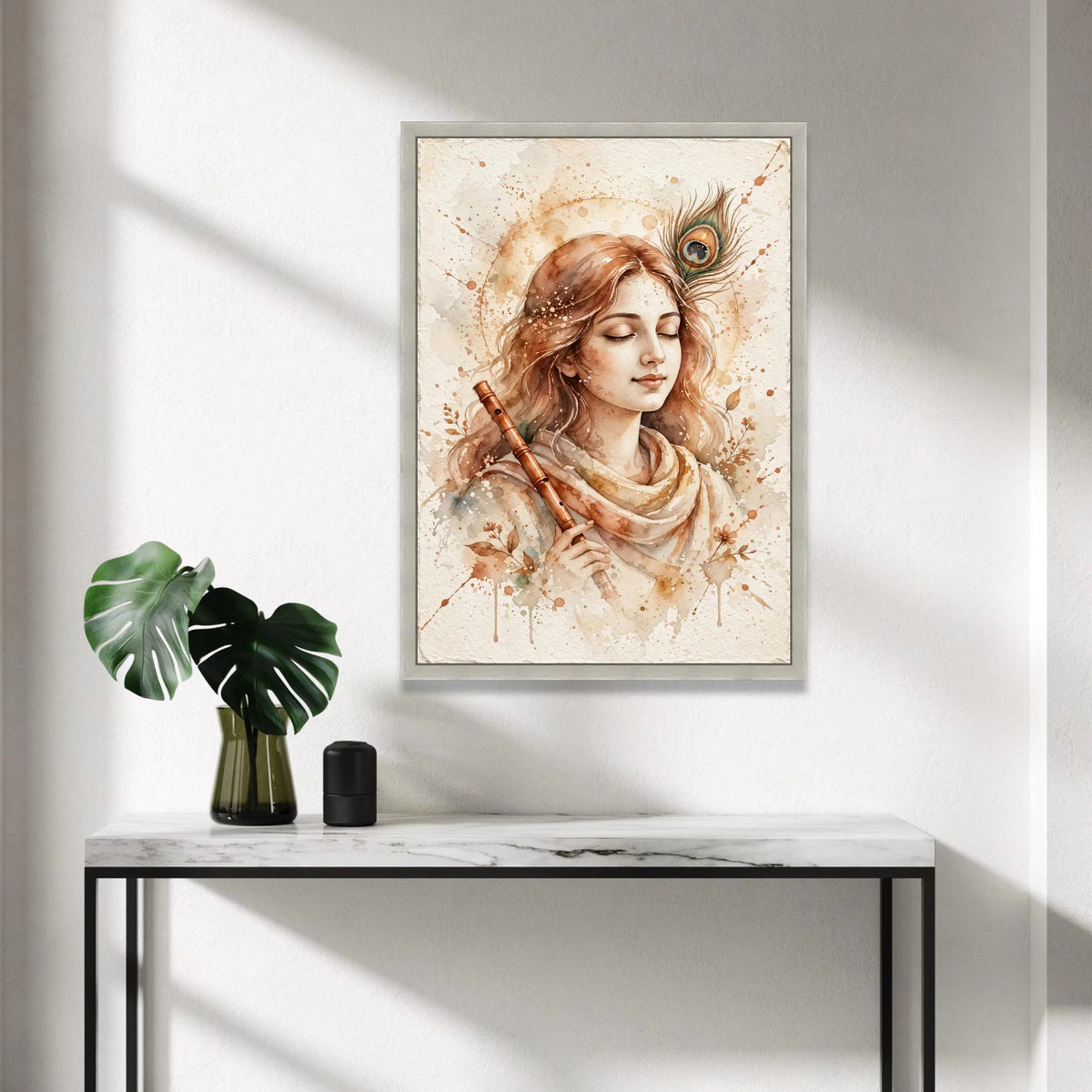 Serene Flute Player Canvas Wall Art, Bohemian Woman Portrait, Soft Earth Tone Decor, Musical Instrument Artwork, Peaceful Canvas Print Art