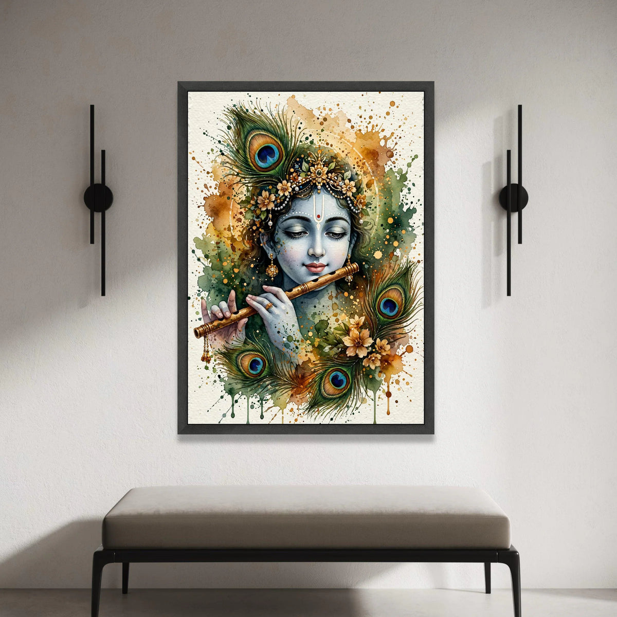 Krishna Playing Flute Canvas, Peacock Feather Art, Spiritual Indian Wall Art, Mystical Home Decoration, Watercolor Style Canvas Print Art