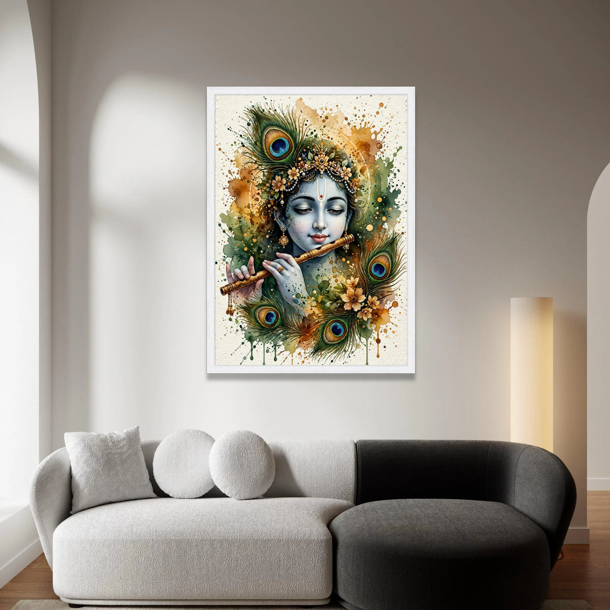 Krishna Playing Flute Canvas, Peacock Feather Art, Spiritual Indian Wall Art, Mystical Home Decoration, Watercolor Style Canvas Print Art