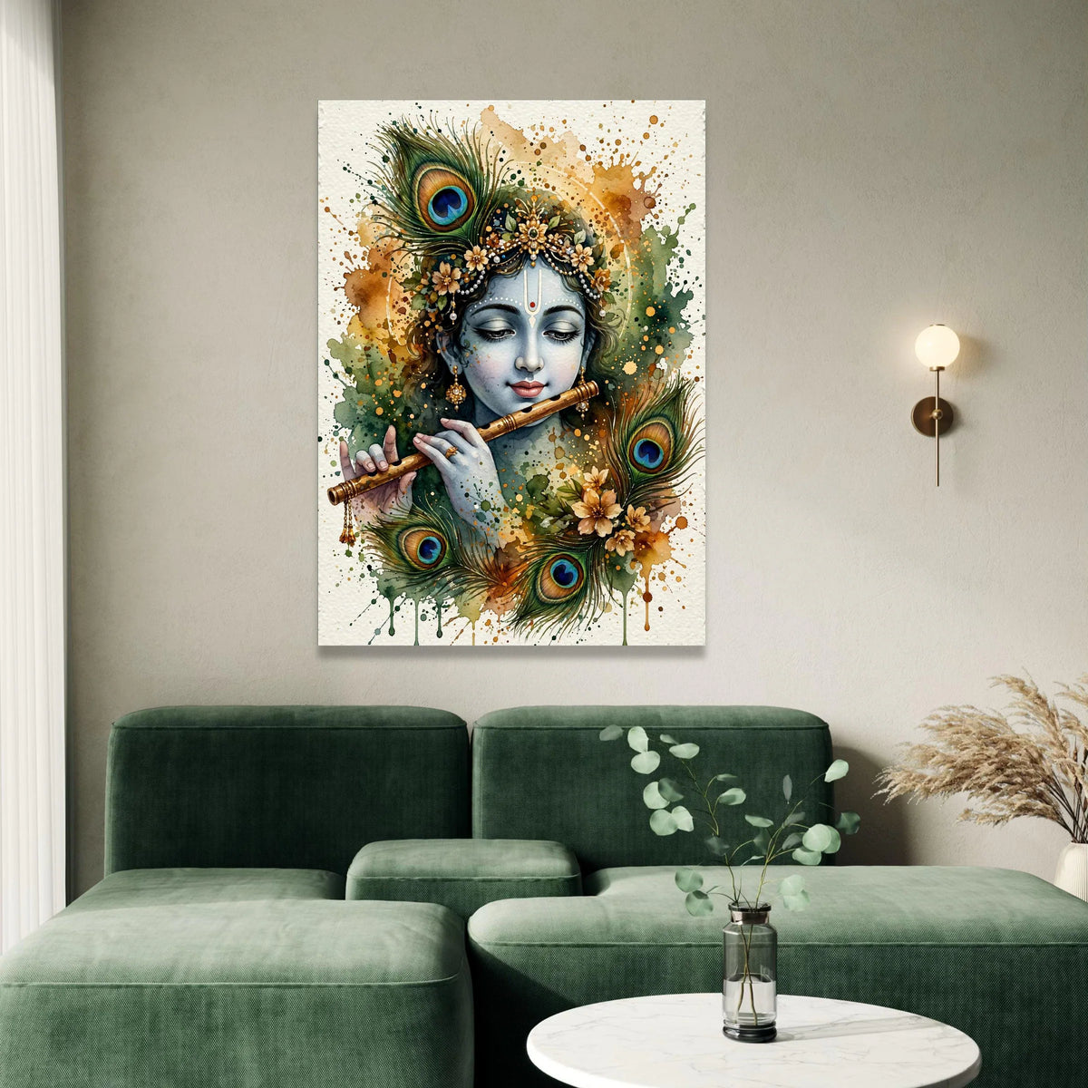 Krishna Playing Flute Canvas, Peacock Feather Art, Spiritual Indian Wall Art, Mystical Home Decoration, Watercolor Style Canvas Print Art