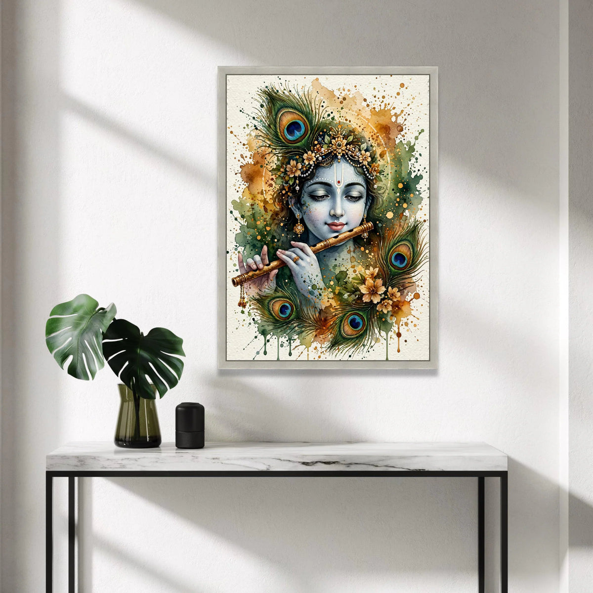 Krishna Playing Flute Canvas, Peacock Feather Art, Spiritual Indian Wall Art, Mystical Home Decoration, Watercolor Style Canvas Print Art