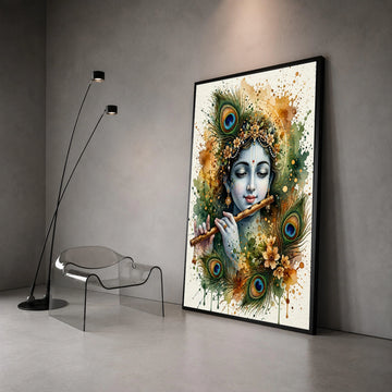 Krishna Playing Flute Canvas, Peacock Feather Art, Spiritual Indian Wall Art, Mystical Home Decoration, Watercolor Style Canvas Print Art