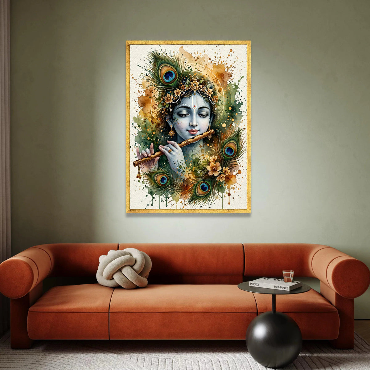 Krishna Playing Flute Canvas, Peacock Feather Art, Spiritual Indian Wall Art, Mystical Home Decoration, Watercolor Style Canvas Print Art