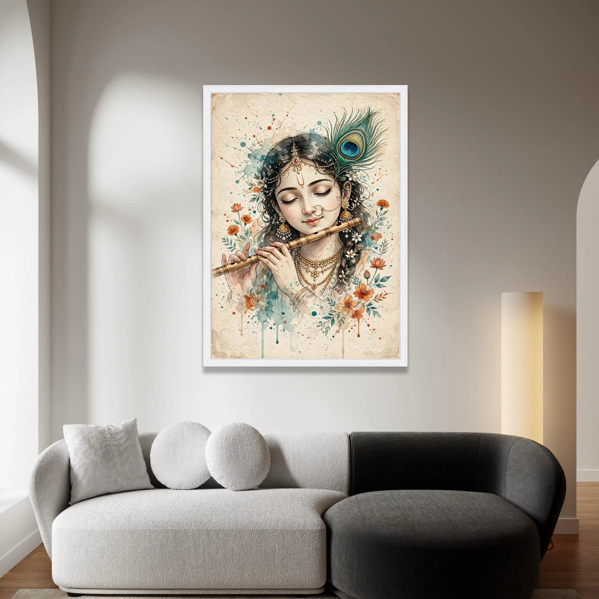 Serene Indian Woman Playing Flute Canvas, Peacock Feather Wall Art, Traditional Jewelry Portrait, Floral Home Decoration Canvas Print Art