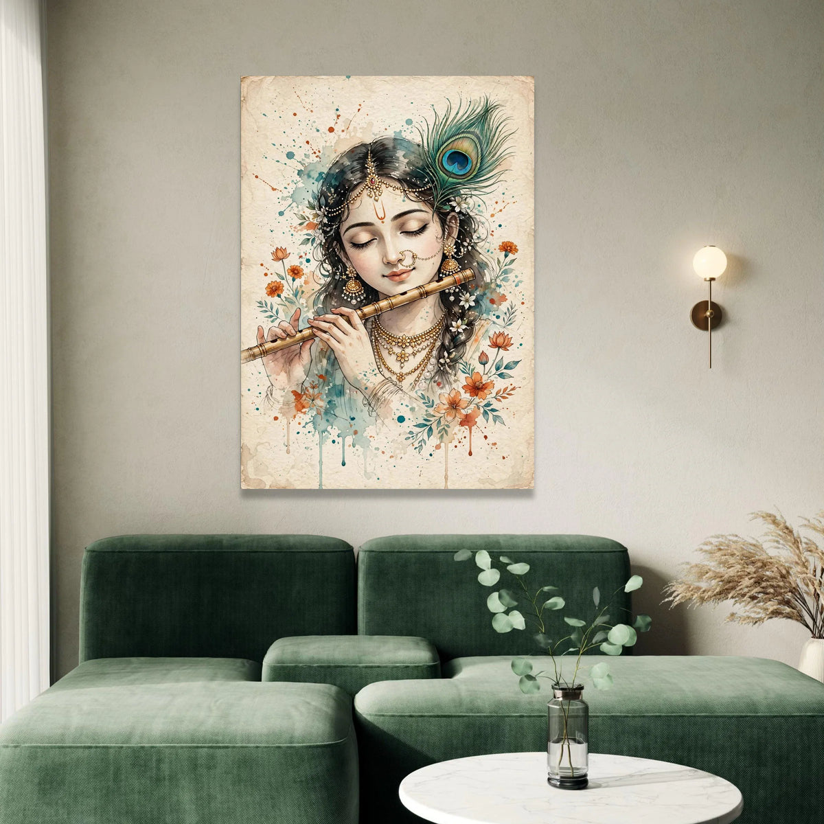 Serene Indian Woman Playing Flute Canvas, Peacock Feather Wall Art, Traditional Jewelry Portrait, Floral Home Decoration Canvas Print Art