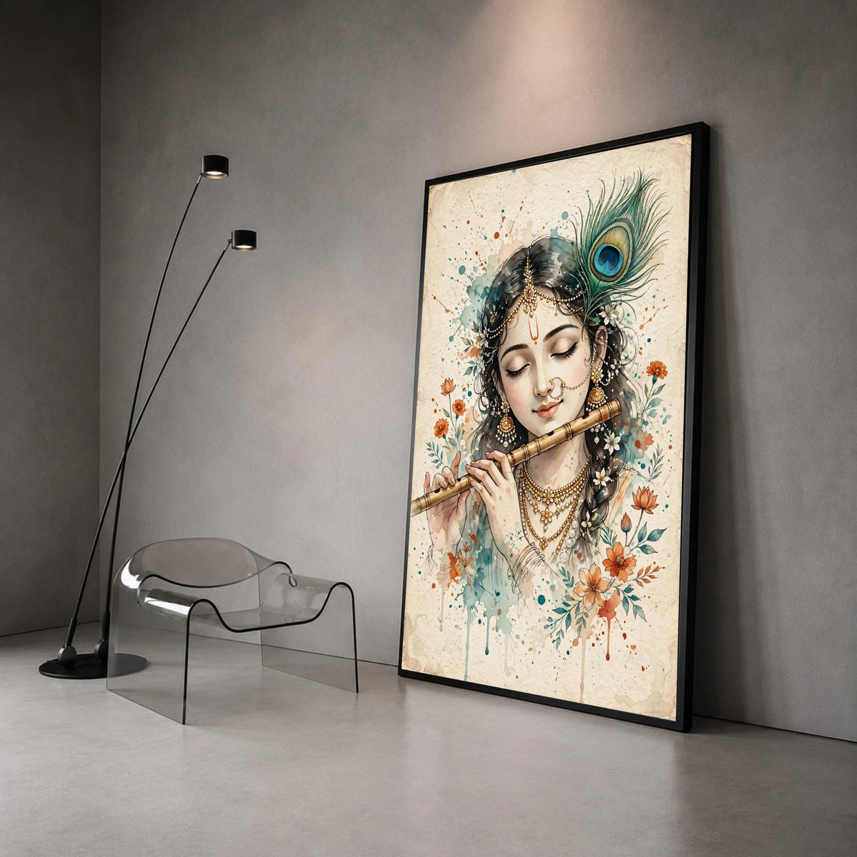 Serene Indian Woman Playing Flute Canvas, Peacock Feather Wall Art, Traditional Jewelry Portrait, Floral Home Decoration Canvas Print Art