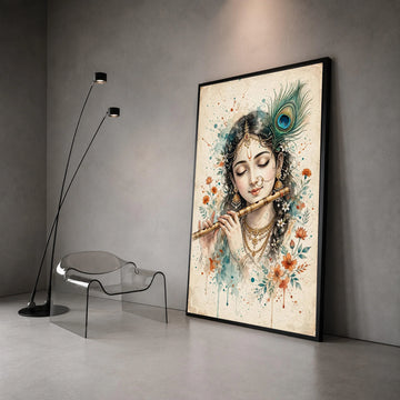 Serene Indian Woman Playing Flute Canvas, Peacock Feather Wall Art, Traditional Jewelry Portrait, Floral Home Decoration Canvas Print Art