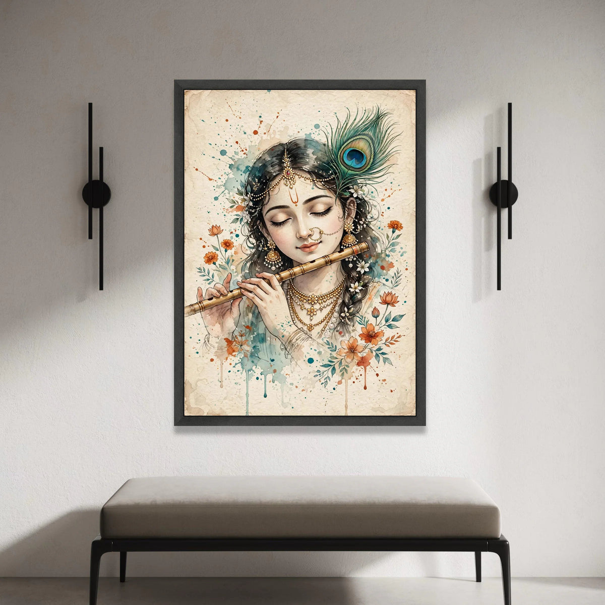 Serene Indian Woman Playing Flute Canvas, Peacock Feather Wall Art, Traditional Jewelry Portrait, Floral Home Decoration Canvas Print Art