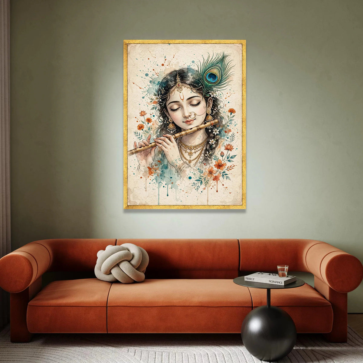Serene Indian Woman Playing Flute Canvas, Peacock Feather Wall Art, Traditional Jewelry Portrait, Floral Home Decoration Canvas Print Art