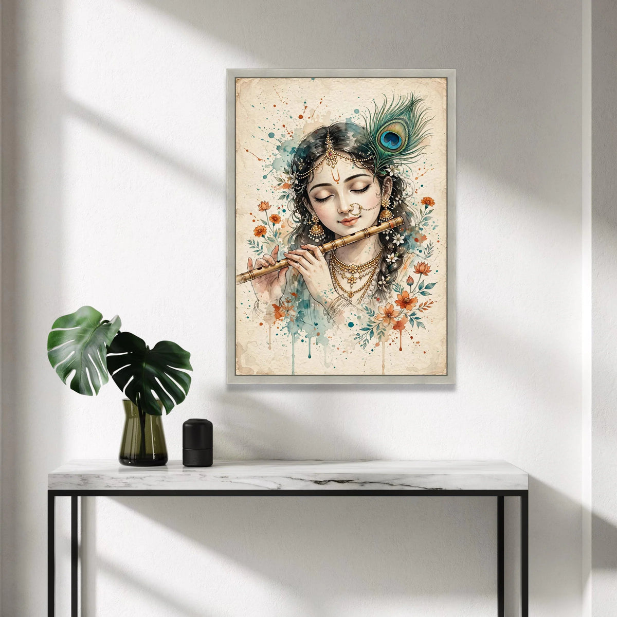 Serene Indian Woman Playing Flute Canvas, Peacock Feather Wall Art, Traditional Jewelry Portrait, Floral Home Decoration Canvas Print Art