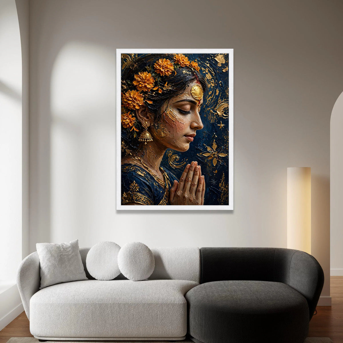 Serene Indian Woman Praying, Marigold Flower Canvas, Spiritual Portrait Wall Art, Ethnic Home Decor, Meditation Canvas Canvas Print Art