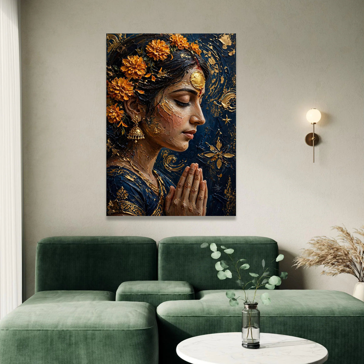 Serene Indian Woman Praying, Marigold Flower Canvas, Spiritual Portrait Wall Art, Ethnic Home Decor, Meditation Canvas Canvas Print Art