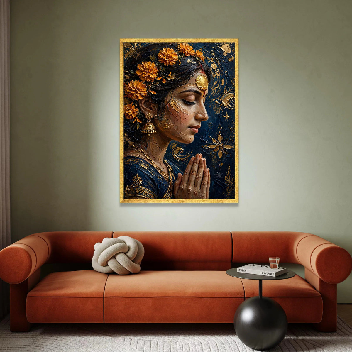 Serene Indian Woman Praying, Marigold Flower Canvas, Spiritual Portrait Wall Art, Ethnic Home Decor, Meditation Canvas Canvas Print Art