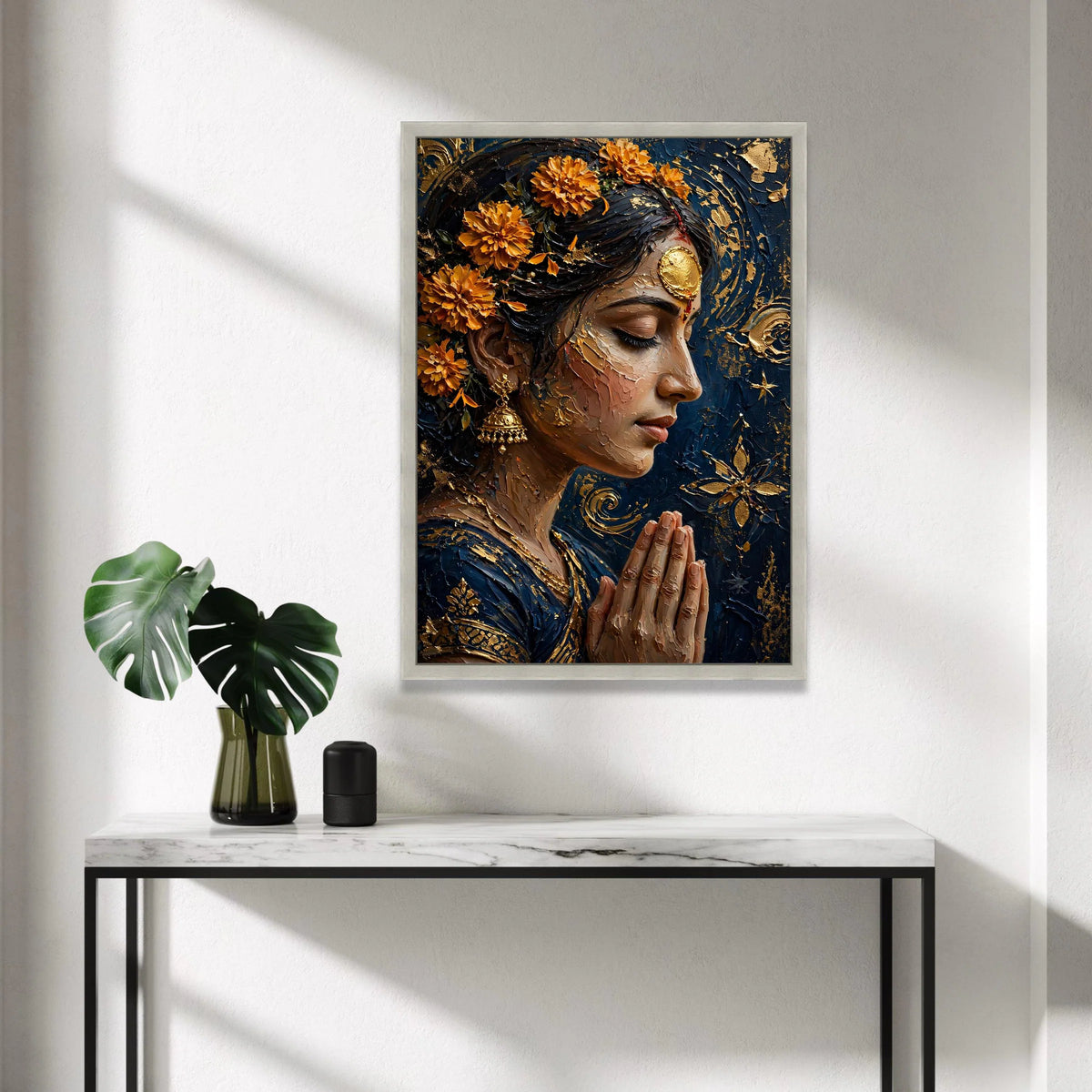 Serene Indian Woman Praying, Marigold Flower Canvas, Spiritual Portrait Wall Art, Ethnic Home Decor, Meditation Canvas Canvas Print Art