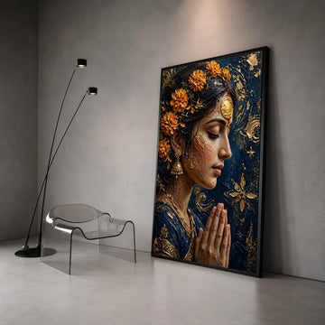 Serene Indian Woman Praying, Marigold Flower Canvas, Spiritual Portrait Wall Art, Ethnic Home Decor, Meditation Canvas Canvas Print Art