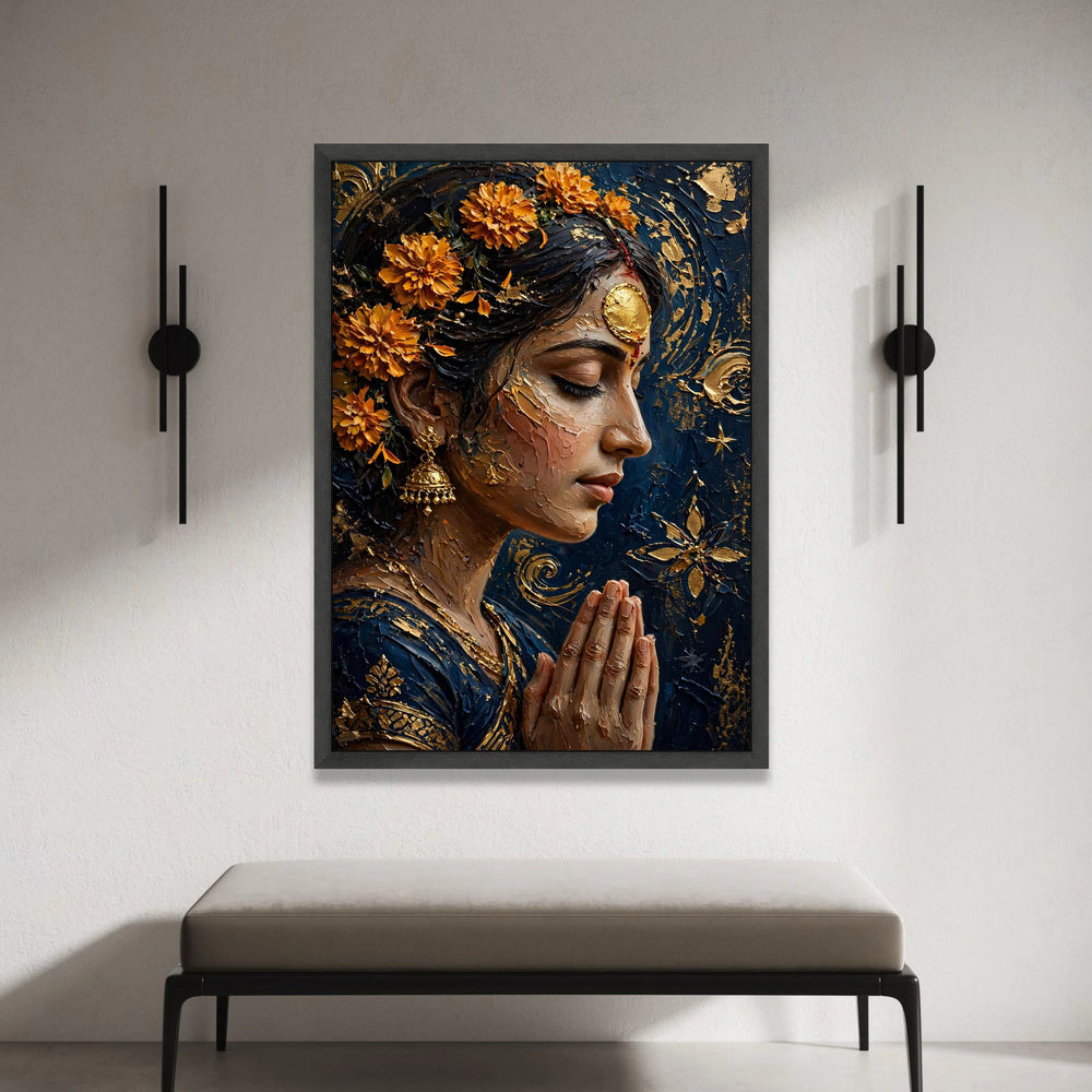 Serene Indian Woman Praying, Marigold Flower Canvas, Spiritual Portrait Wall Art, Ethnic Home Decor, Meditation Canvas Canvas Print Art