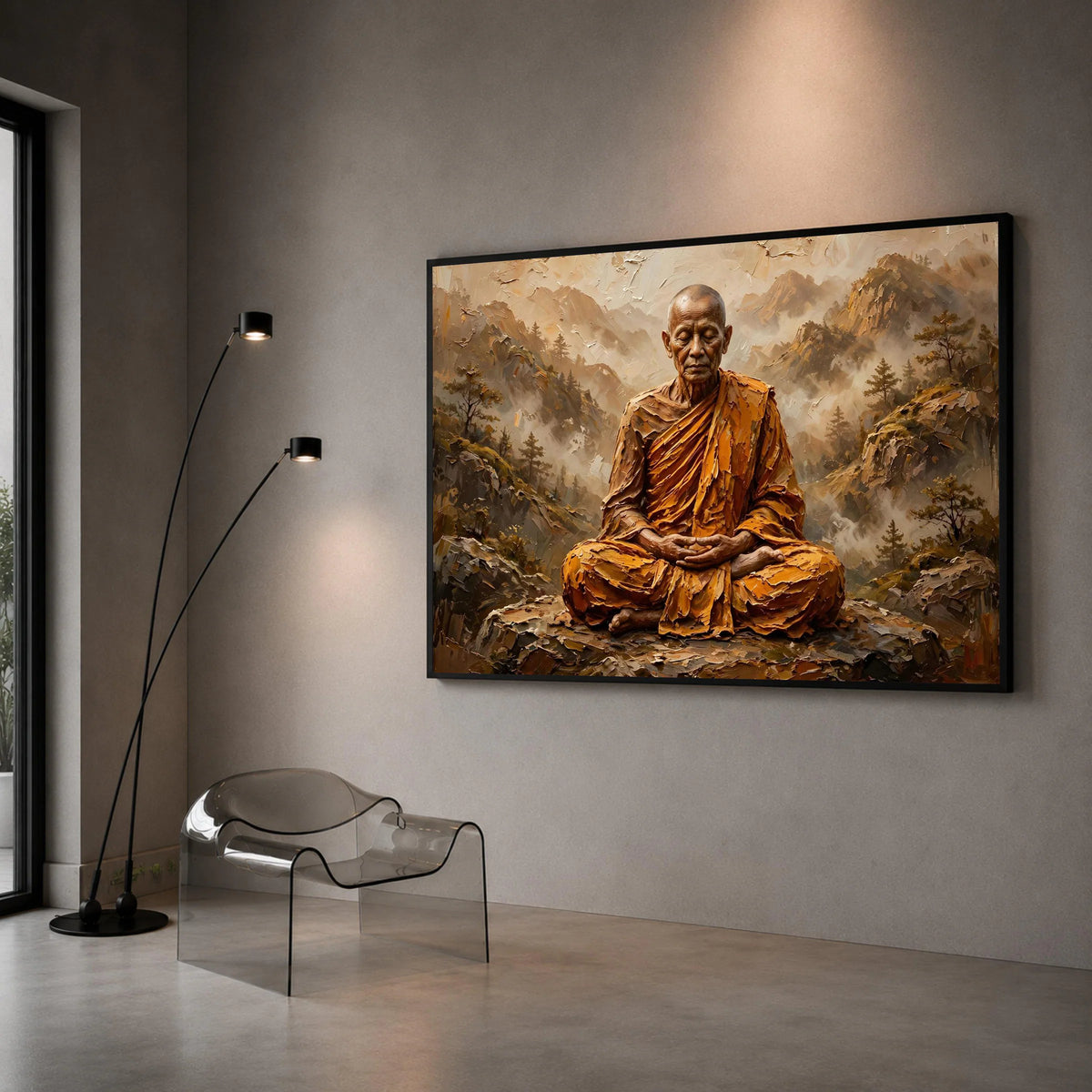 Meditation Monk Canvas Wall Art, Peaceful Spiritual Artwork, Mountain Landscape Painting, Serenity Home Decoration, Canvas Print Art