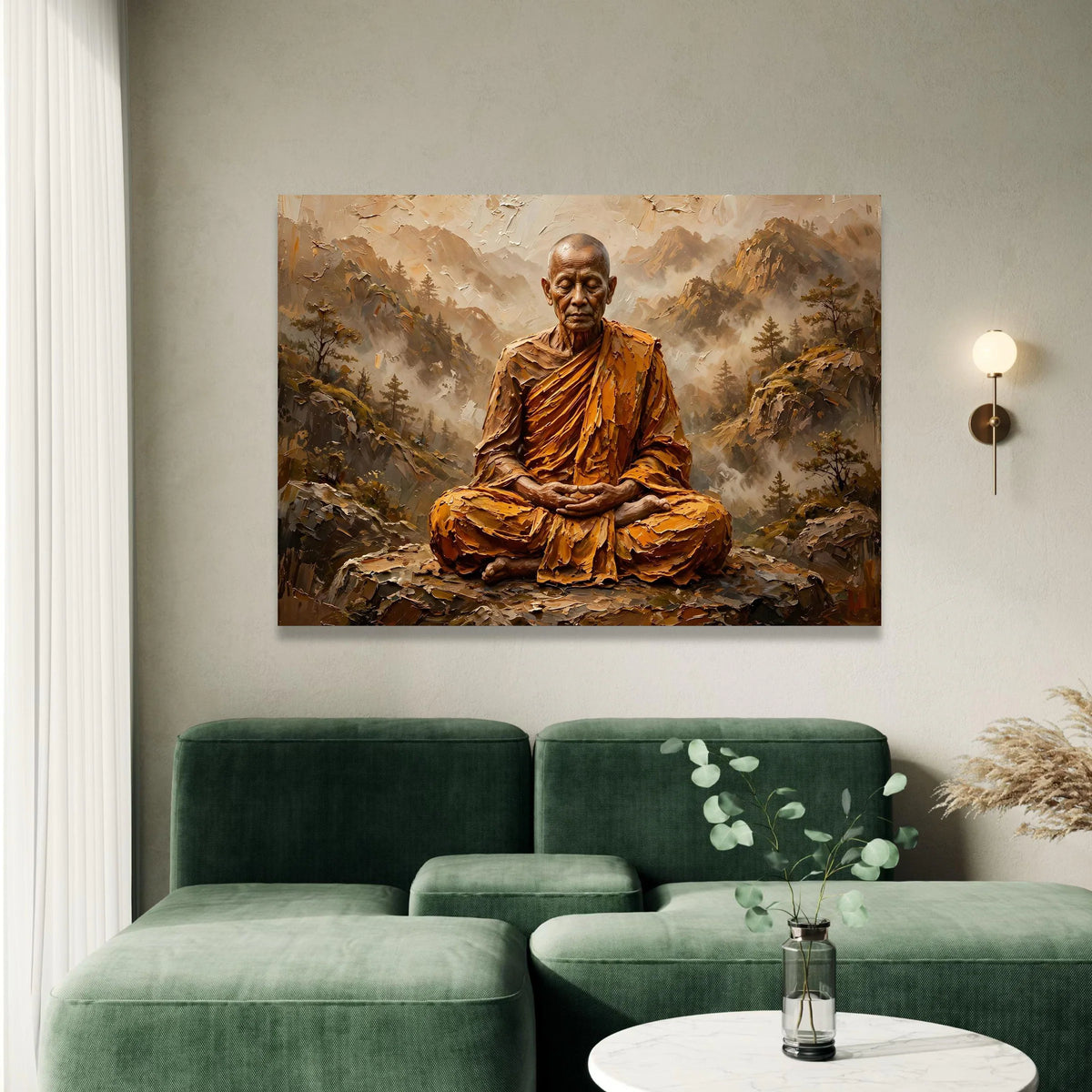 Meditation Monk Canvas Wall Art, Peaceful Spiritual Artwork, Mountain Landscape Painting, Serenity Home Decoration, Canvas Print Art