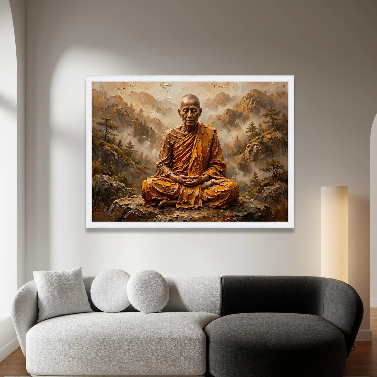 Meditation Monk Canvas Wall Art, Peaceful Spiritual Artwork, Mountain Landscape Painting, Serenity Home Decoration, Canvas Print Art
