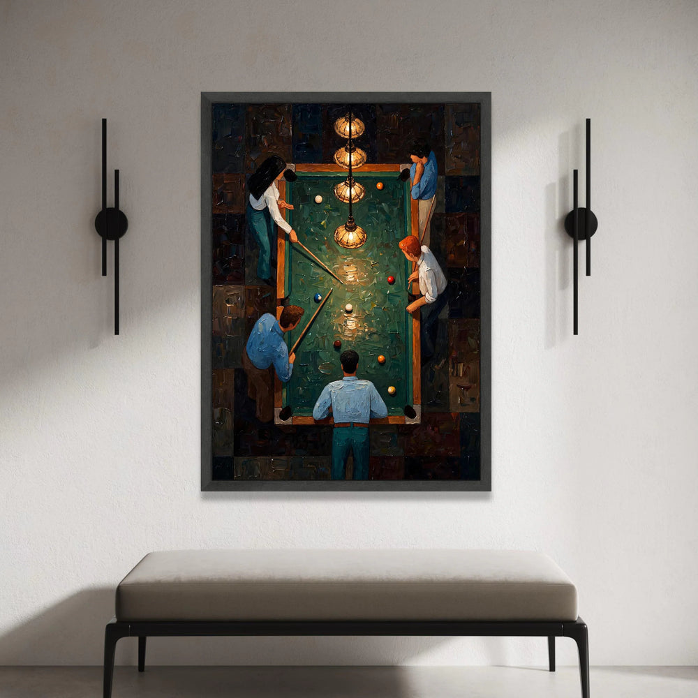 Vintage Pool Table Scene Canvas Wall Art, Billiards Game Illustration, Group Playing Billiards, Retro Game Room Decor, Canvas Print Art