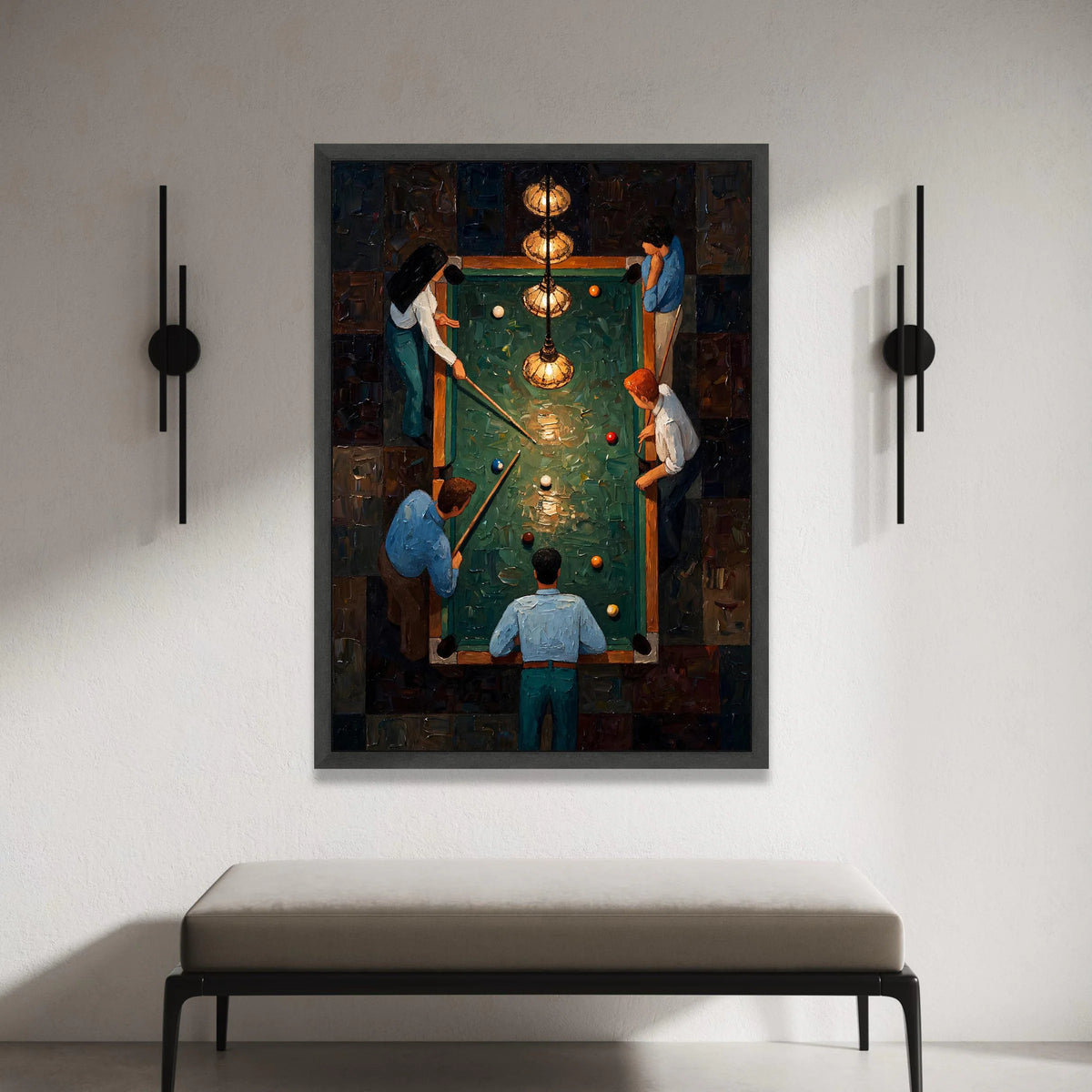Vintage Pool Table Scene Canvas Wall Art, Billiards Game Illustration, Group Playing Billiards, Retro Game Room Decor, Canvas Print Art