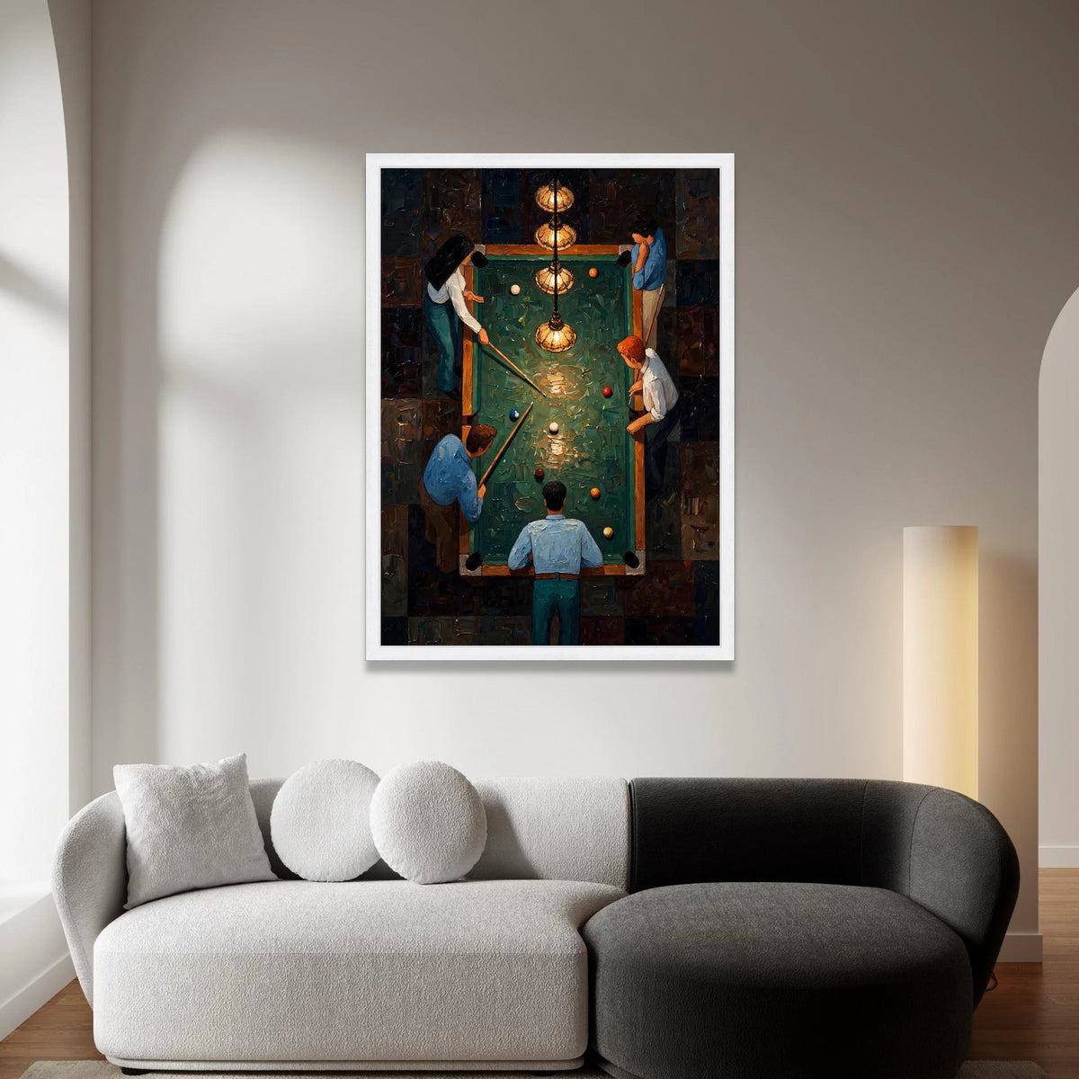 Vintage Pool Table Scene Canvas Wall Art, Billiards Game Illustration, Group Playing Billiards, Retro Game Room Decor, Canvas Print Art