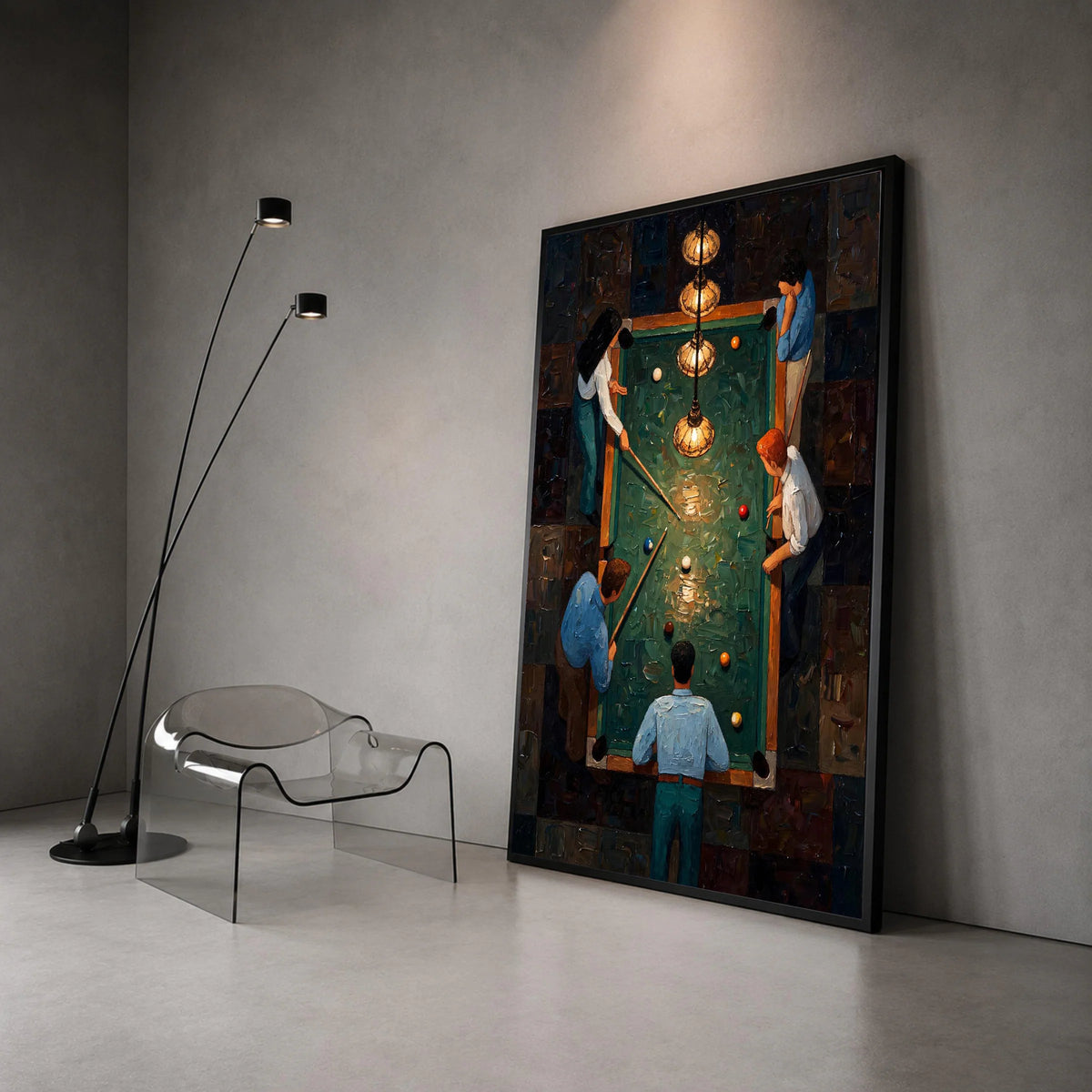 Vintage Pool Table Scene Canvas Wall Art, Billiards Game Illustration, Group Playing Billiards, Retro Game Room Decor, Canvas Print Art