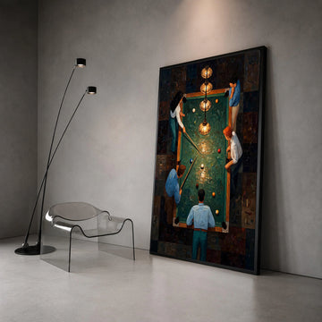 Vintage Pool Table Scene Canvas Wall Art, Billiards Game Illustration, Group Playing Billiards, Retro Game Room Decor, Canvas Print Art