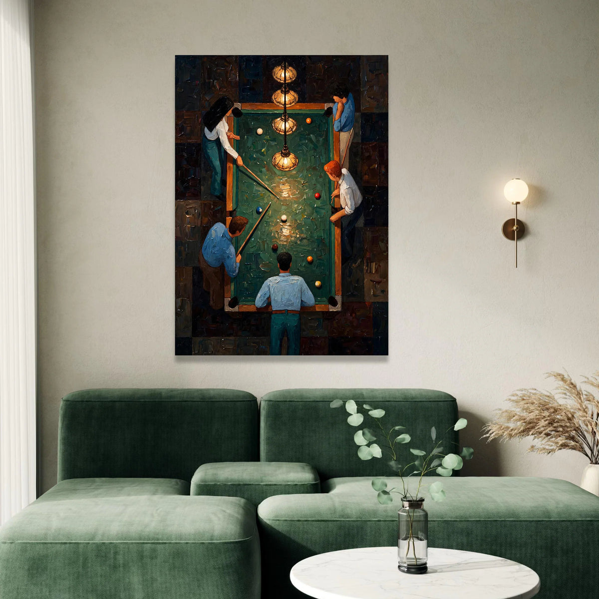 Vintage Pool Table Scene Canvas Wall Art, Billiards Game Illustration, Group Playing Billiards, Retro Game Room Decor, Canvas Print Art