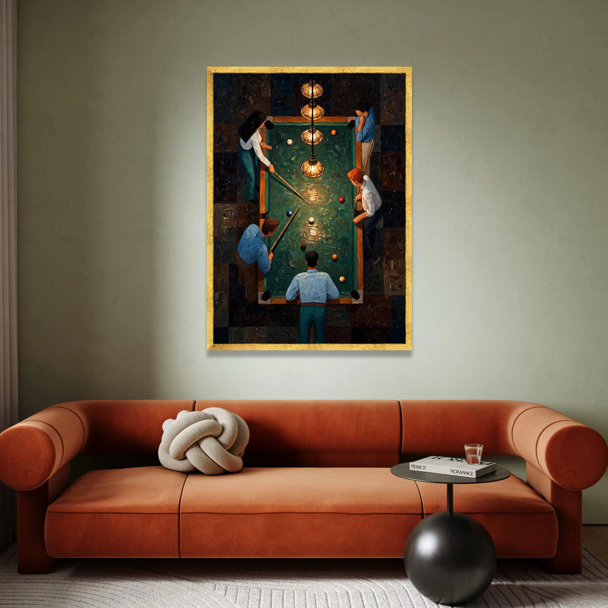 Vintage Pool Table Scene Canvas Wall Art, Billiards Game Illustration, Group Playing Billiards, Retro Game Room Decor, Canvas Print Art