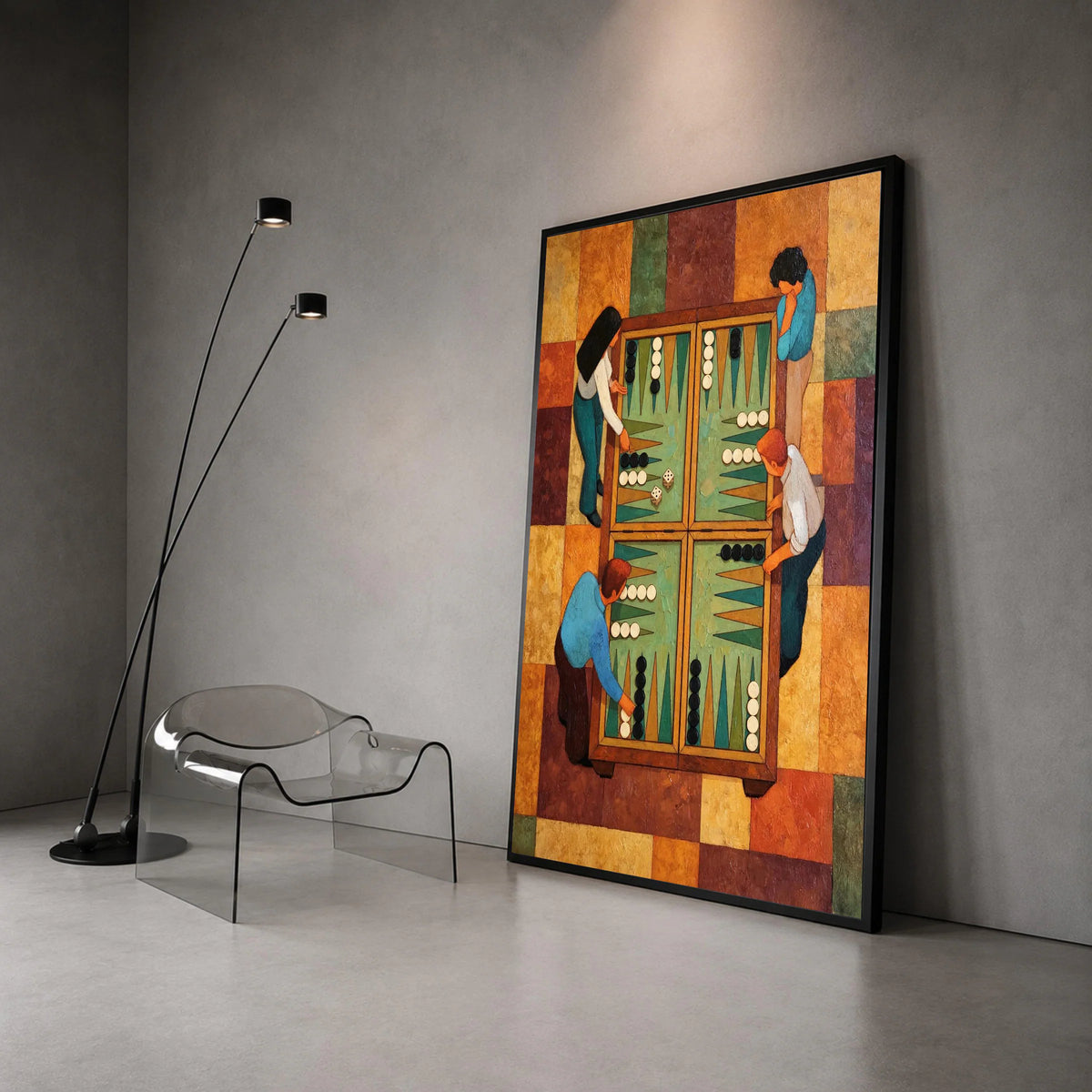 Classic Backgammon Players Canvas Wall Art, Game Night Scene, Colorful Vintage Style, Board Game Illustration, Family Canvas Print Art