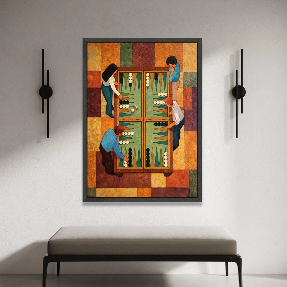 Classic Backgammon Players Canvas Wall Art, Game Night Scene, Colorful Vintage Style, Board Game Illustration, Family Canvas Print Art