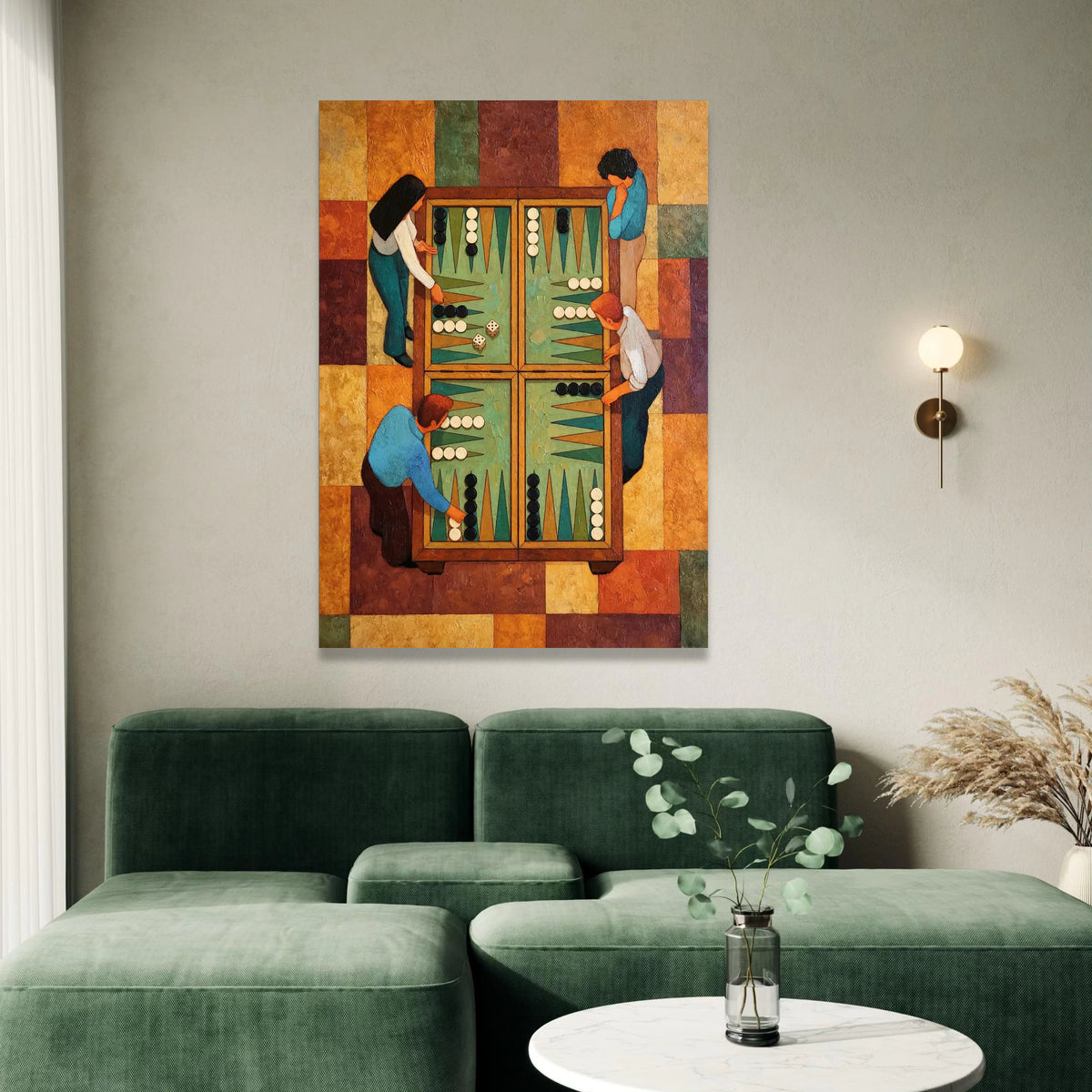 Classic Backgammon Players Canvas Wall Art, Game Night Scene, Colorful Vintage Style, Board Game Illustration, Family Canvas Print Art