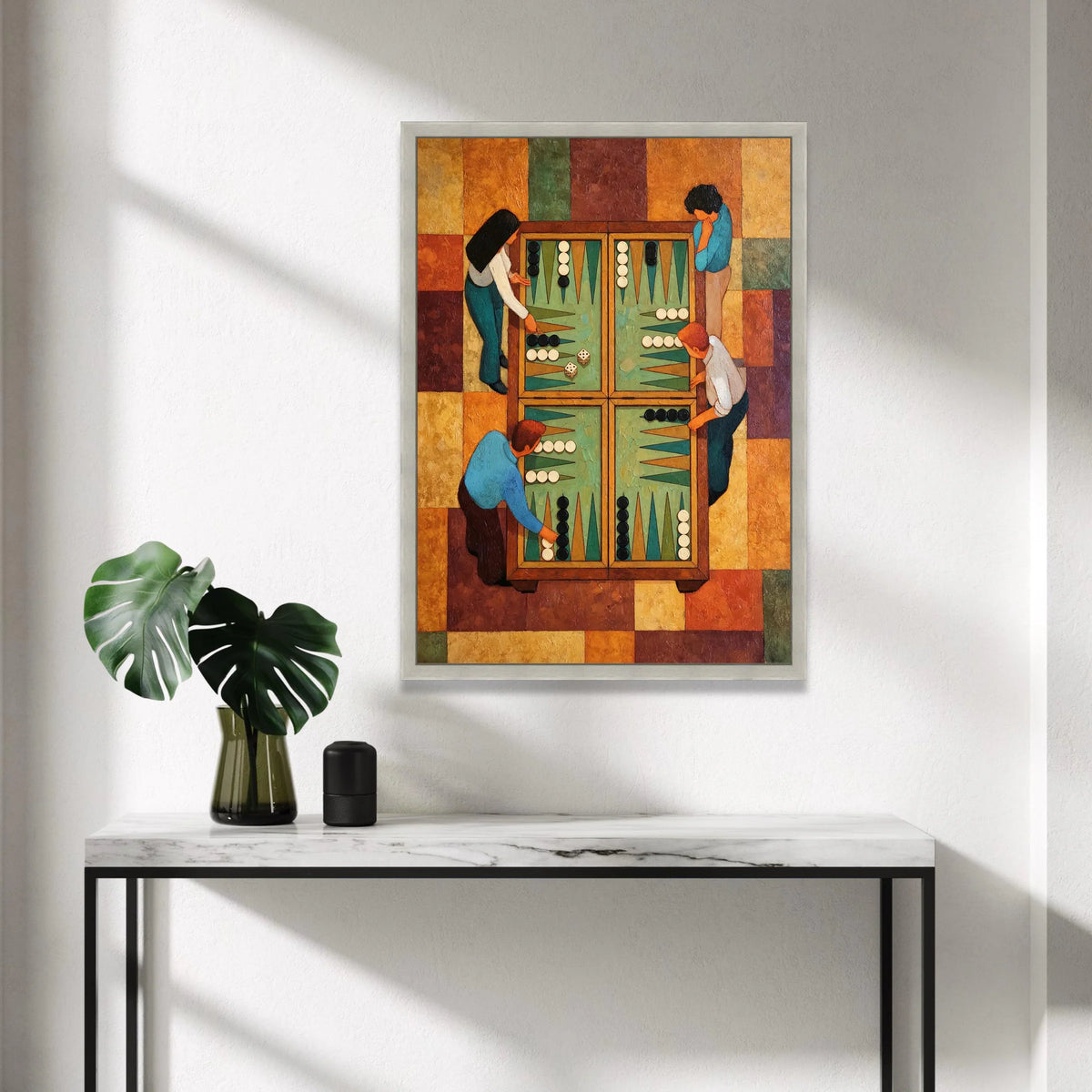Classic Backgammon Players Canvas Wall Art, Game Night Scene, Colorful Vintage Style, Board Game Illustration, Family Canvas Print Art
