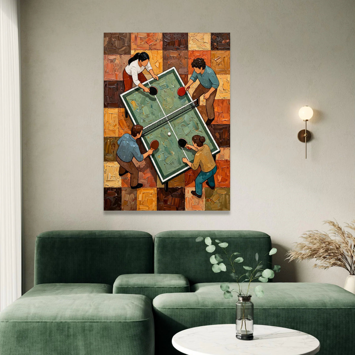 Table Tennis Match Canvas, Ping Pong Game Wall Art, Indoor Sports Scene Painting, Recreational Activity Canvas, Modern Home Canvas Print Art