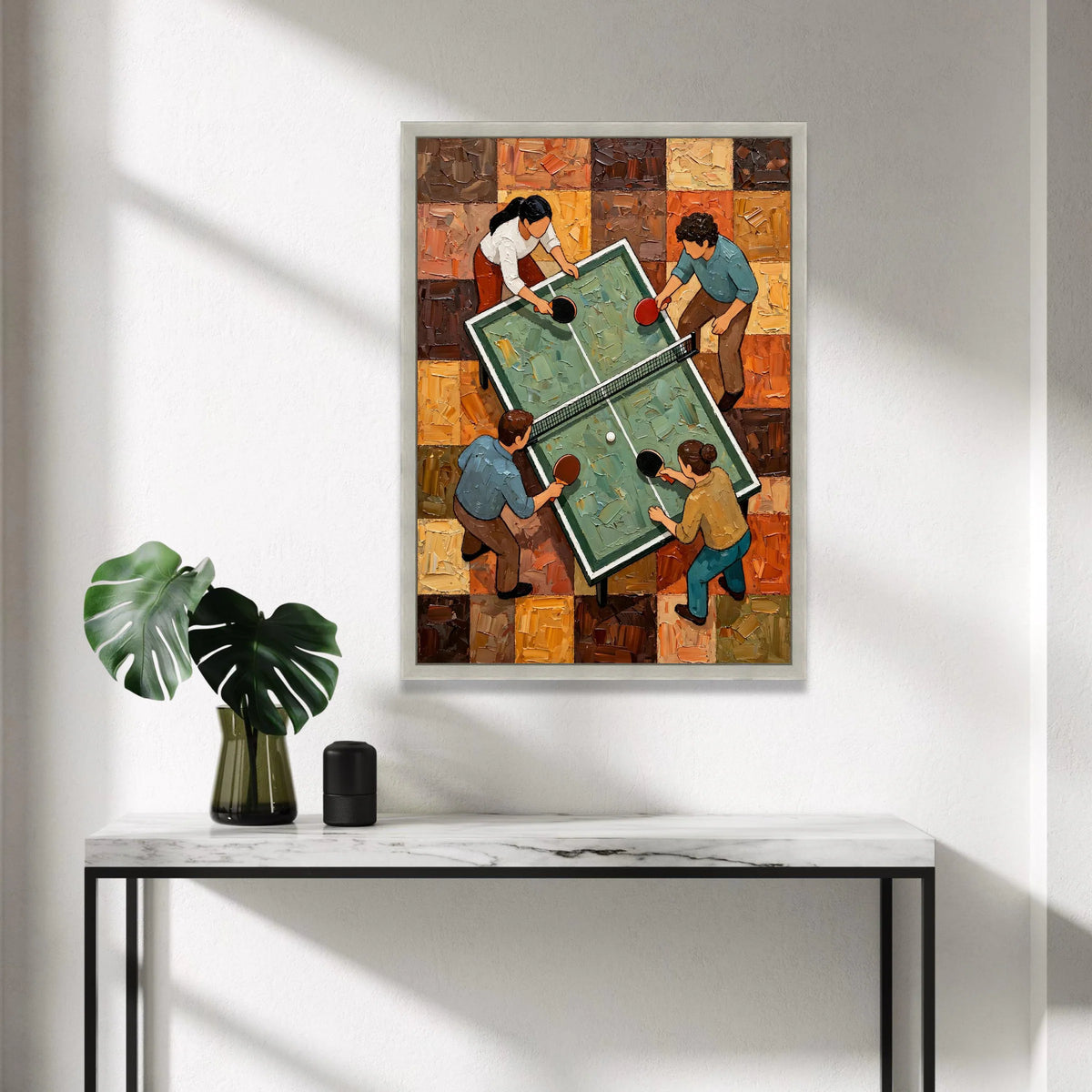 Table Tennis Match Canvas, Ping Pong Game Wall Art, Indoor Sports Scene Painting, Recreational Activity Canvas, Modern Home Canvas Print Art