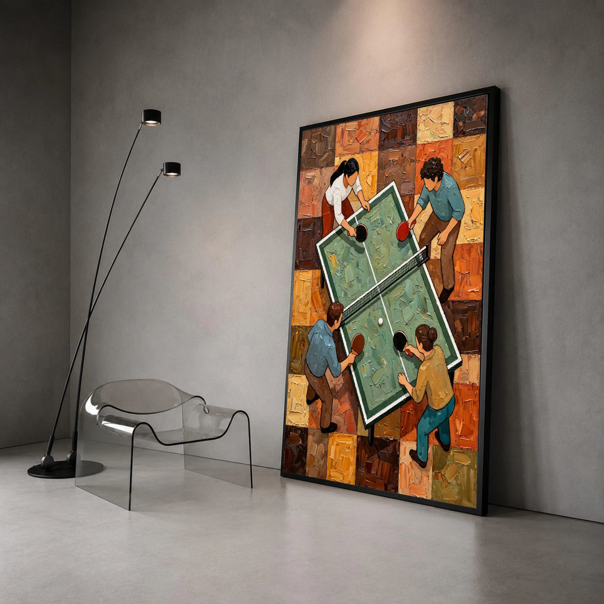 Table Tennis Match Canvas, Ping Pong Game Wall Art, Indoor Sports Scene Painting, Recreational Activity Canvas, Modern Home Canvas Print Art