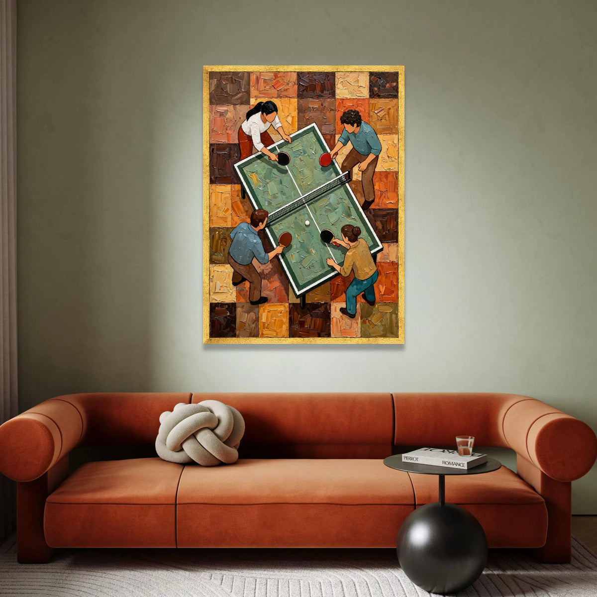 Table Tennis Match Canvas, Ping Pong Game Wall Art, Indoor Sports Scene Painting, Recreational Activity Canvas, Modern Home Canvas Print Art