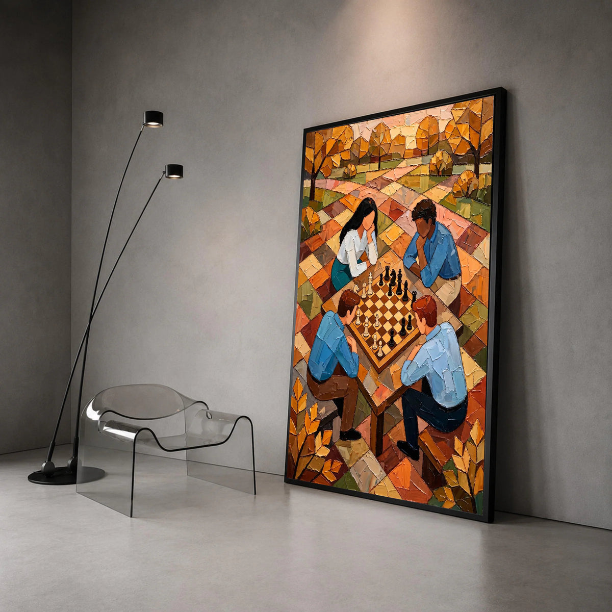 Strategic Chess Game Scene, Autumn Park Canvas, People Playing Chess Wall Art, Contemporary Leisure Activity Canvas, Canvas Print Art