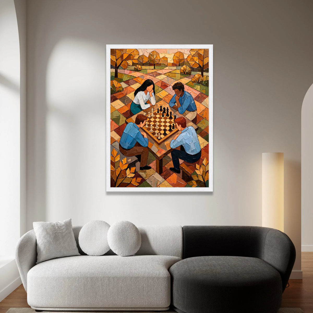 Strategic Chess Game Scene, Autumn Park Canvas, People Playing Chess Wall Art, Contemporary Leisure Activity Canvas, Canvas Print Art