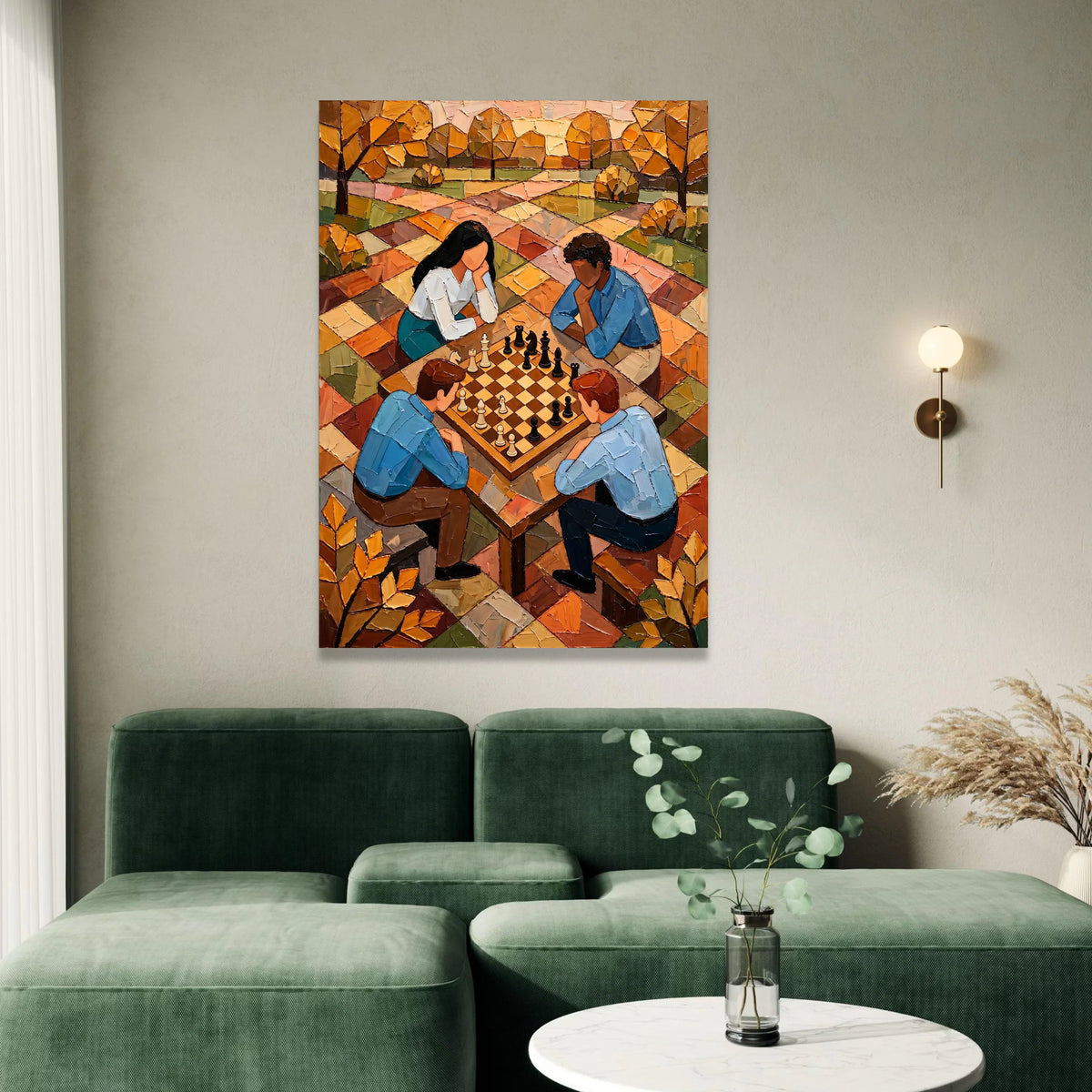 Strategic Chess Game Scene, Autumn Park Canvas, People Playing Chess Wall Art, Contemporary Leisure Activity Canvas, Canvas Print Art