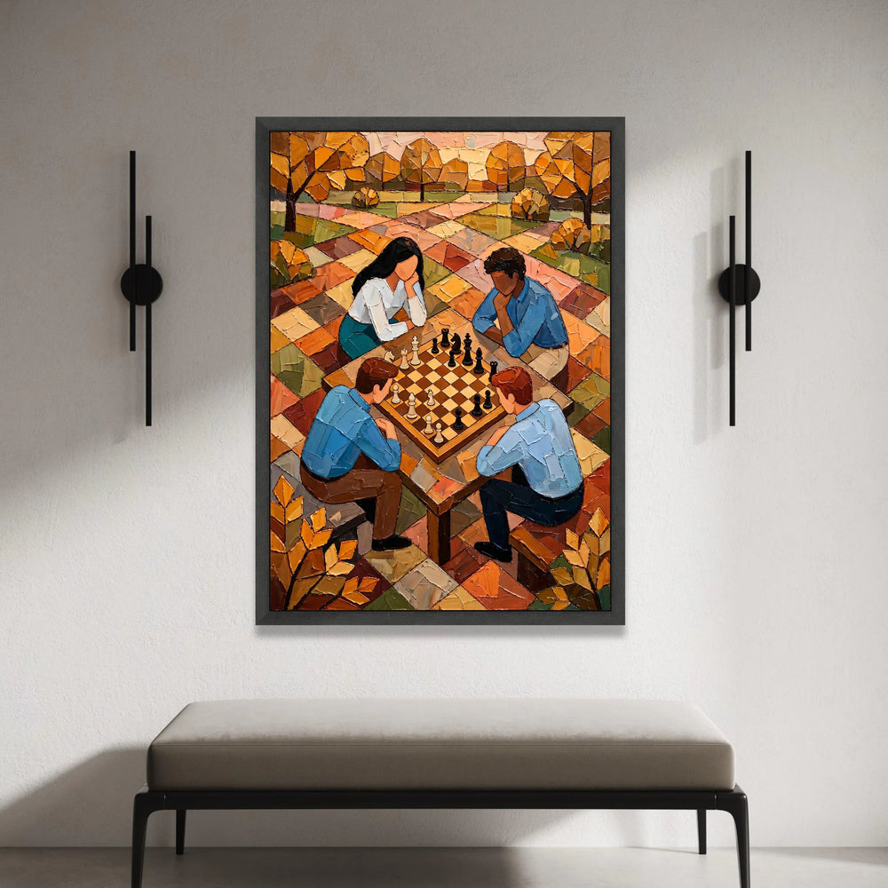 Strategic Chess Game Scene, Autumn Park Canvas, People Playing Chess Wall Art, Contemporary Leisure Activity Canvas, Canvas Print Art