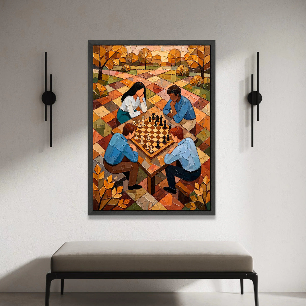 Strategic Chess Game Scene, Autumn Park Canvas, People Playing Chess Wall Art, Contemporary Leisure Activity Canvas, Canvas Print Art