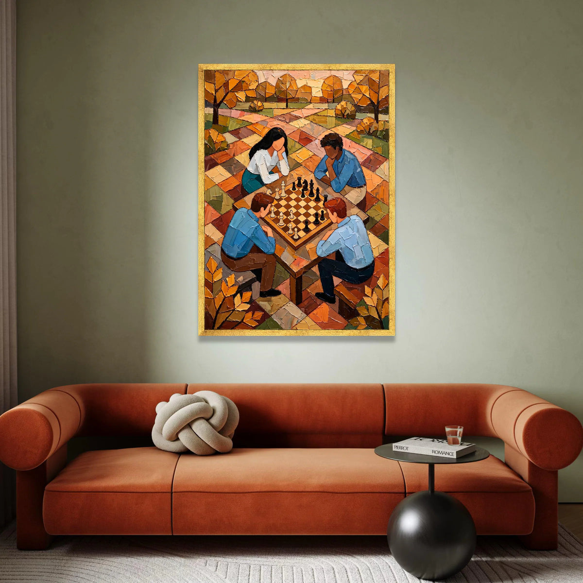 Strategic Chess Game Scene, Autumn Park Canvas, People Playing Chess Wall Art, Contemporary Leisure Activity Canvas, Canvas Print Art