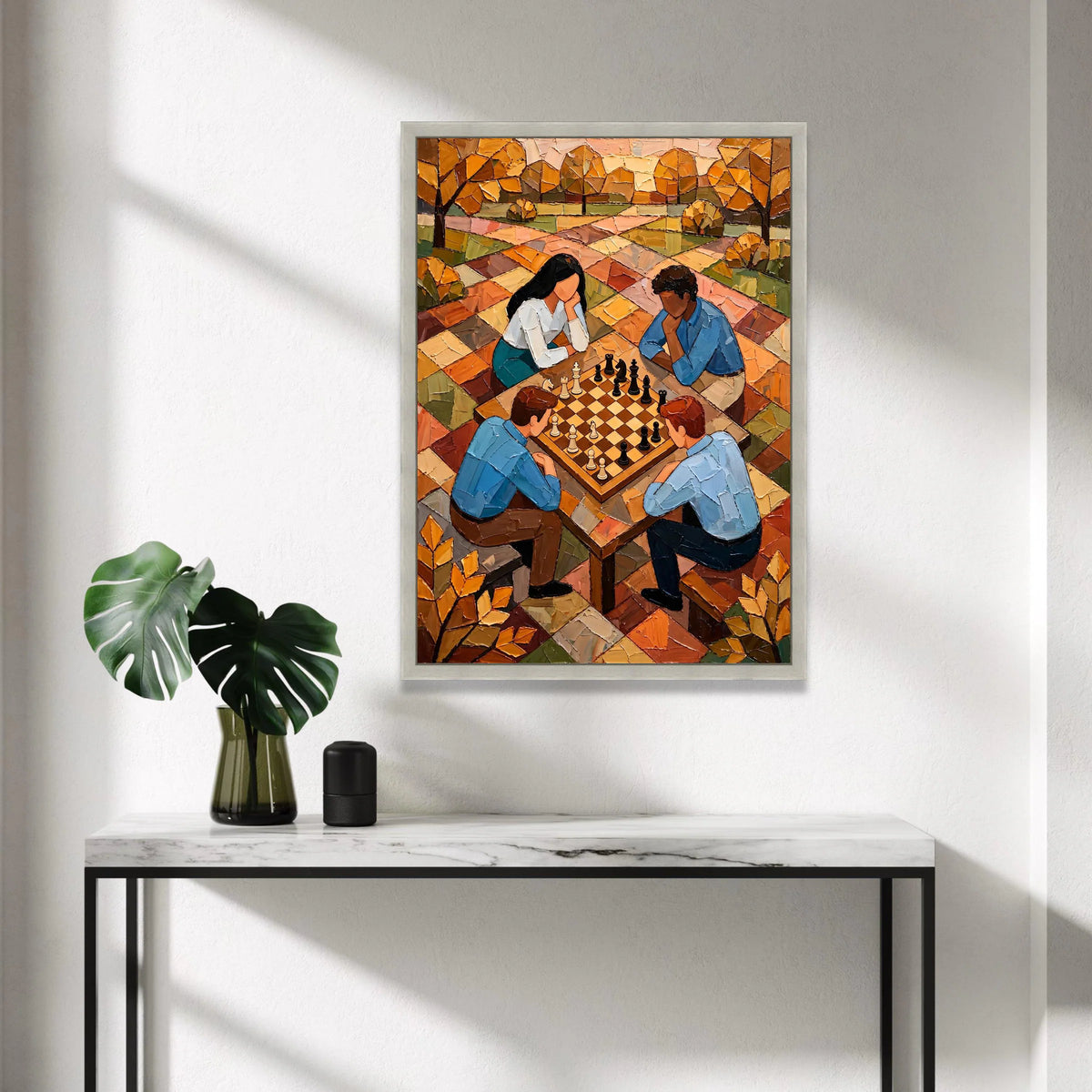Strategic Chess Game Scene, Autumn Park Canvas, People Playing Chess Wall Art, Contemporary Leisure Activity Canvas, Canvas Print Art
