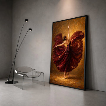 Elegant Ballerina Dance, Flowing Burgundy Dress Canvas, Graceful Dance Wall Art, Movement and Beauty, Home Decor Canvas Canvas Print Art
