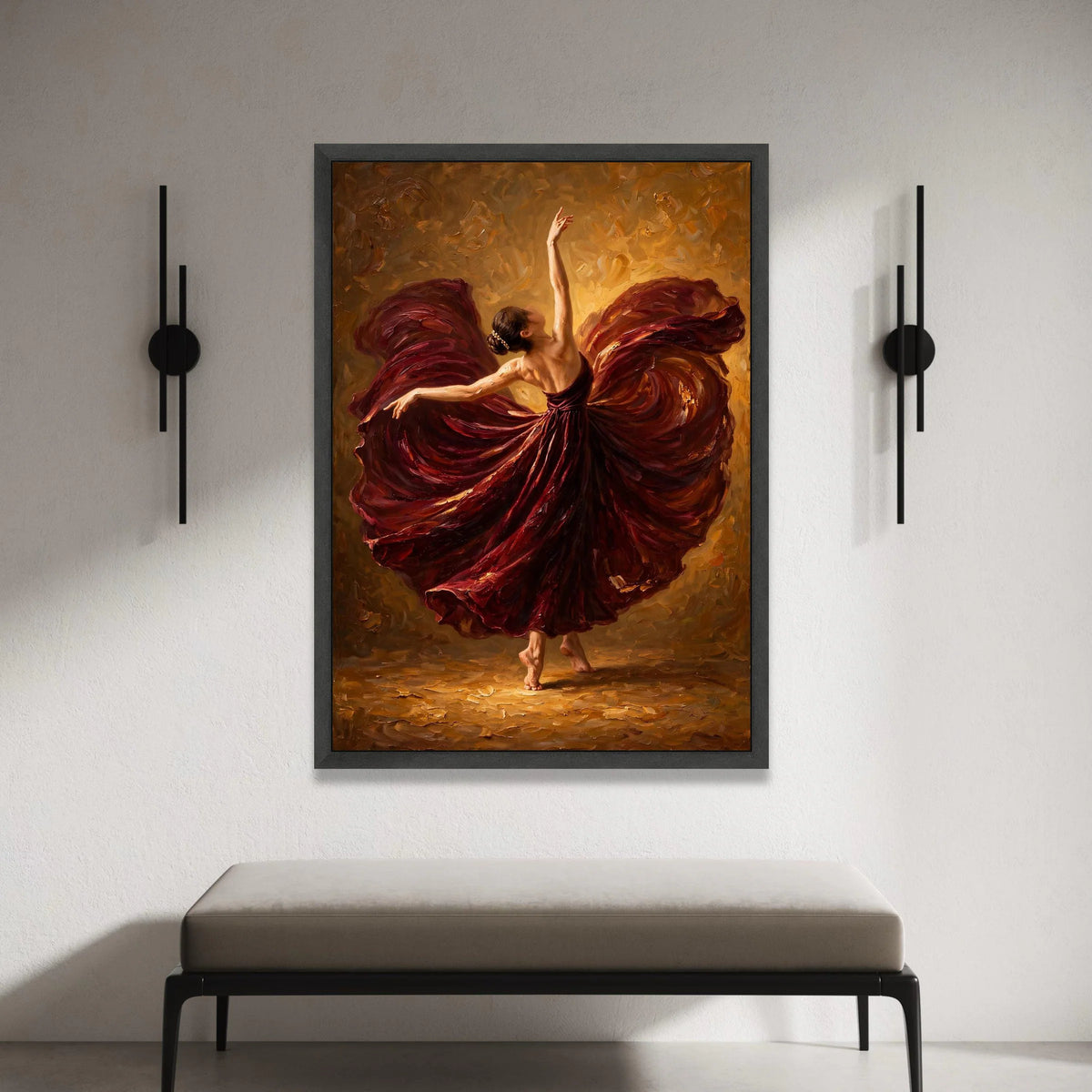 Elegant Ballerina Dance, Flowing Burgundy Dress Canvas, Graceful Dance Wall Art, Movement and Beauty, Home Decor Canvas Canvas Print Art