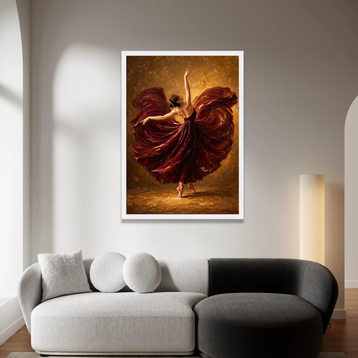 Elegant Ballerina Dance, Flowing Burgundy Dress Canvas, Graceful Dance Wall Art, Movement and Beauty, Home Decor Canvas Canvas Print Art