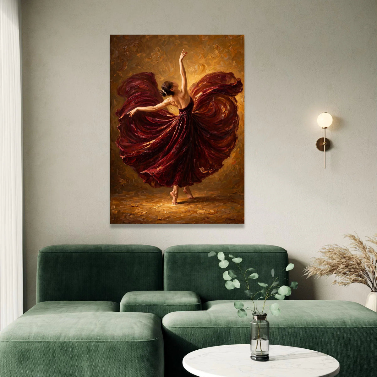 Elegant Ballerina Dance, Flowing Burgundy Dress Canvas, Graceful Dance Wall Art, Movement and Beauty, Home Decor Canvas Canvas Print Art